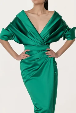 Angelina Satin Long Dress In Emerald