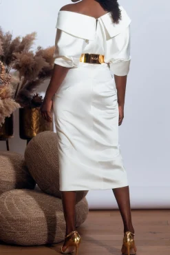 Angelina Satin Midi Dress in Ivory