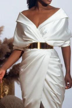 Angelina Satin Midi Dress in Ivory