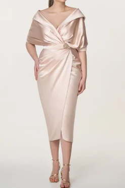 Angelina Satin Midi Dress in Powder