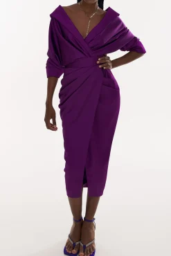 Angelina Satin Midi Dress in Royal-Purple
