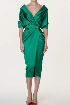 Angelina Satin Midi Dress in Emerald