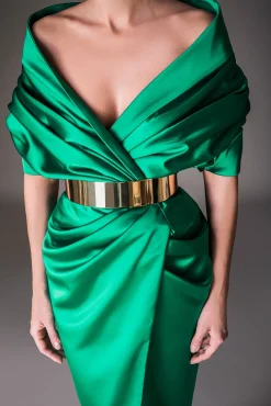 Angelina Satin Midi Dress in Emerald