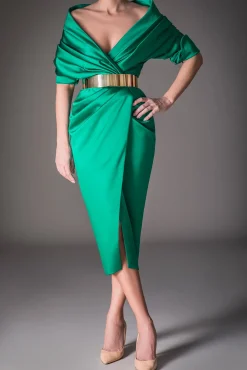 Angelina Satin Midi Dress in Emerald