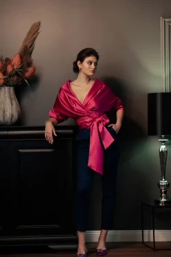 Angelina Satin Shirt In Hot Pink