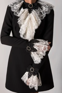 Anne Ruffled Cotton Lace Jabot In Ivory and Black