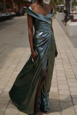 Athena Glossy Chiffon Long Dress In Olive