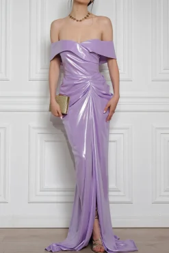 Athena Glossy Chiffon Long Dress In Lilac