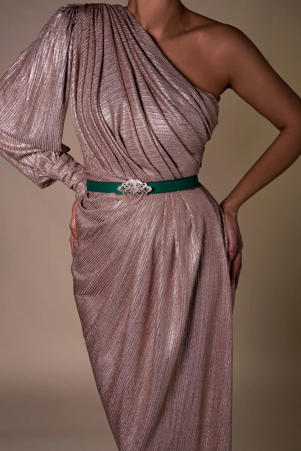 Baroque Emerald Leather Waist Belt With Rose-Gold Buckle