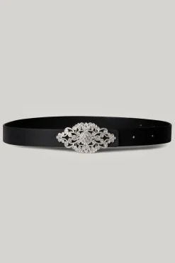 Baroque Matte Black Leather Waist Belt With Silver Buckle