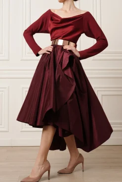 Elias Taffeta Midi Skirt In Burgundy