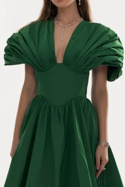 Ezra Taffeta Long Dress In Dark-Green