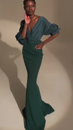 Gianna Taffeta Crepe Long Dress In Dark-Green
