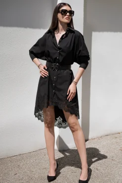 Gioia Lace Inserts Cotton Shirt Dress In Black