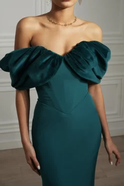 Ivonna Crepe Velvet Gown In Petrol