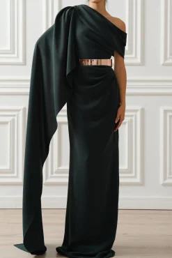 Karen One-Shoulder Long Dress In Pine Green