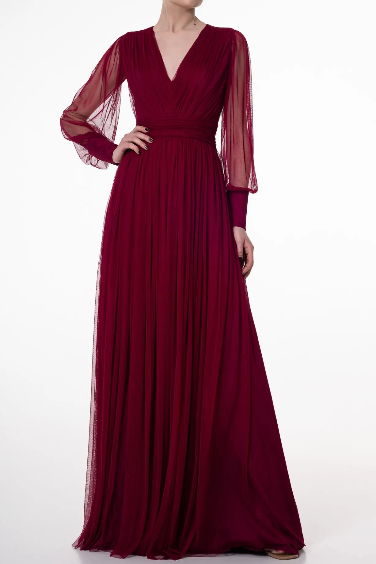 Kaya Silk Tulle Long Dress In Burgundy