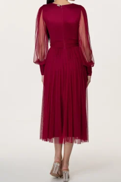 Kaya Silk Tulle Midi Dress In Burgundy