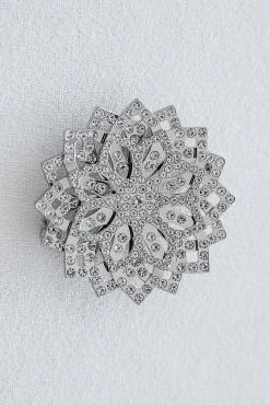 Lotus Brooch - Silver With Crystals