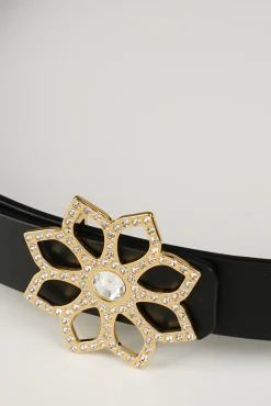 Lotus Leather Waist Belt In Matte Black With Gold Buckle