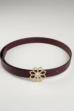 Lotus Leather Waist Belt In Burgundy With Gold Buckle