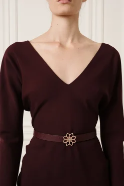 Lotus Leather Waist Belt In Burgundy With Gold Buckle
