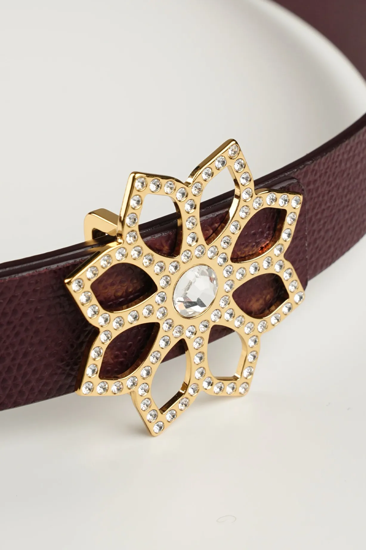 Lotus Leather Waist Belt In Burgundy With Gold Buckle