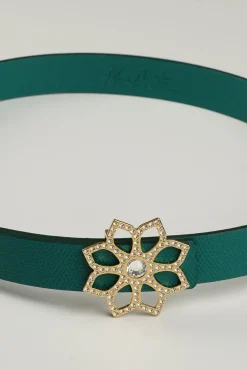 Lotus Leather Waist Belt In Emerald With Gold Buckle