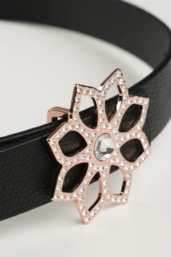 Lotus Leather Waist Belt In Saffiano Black With Rose-Gold Buckle