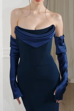 Raven Crepe Long Dress In Prussian-Blue