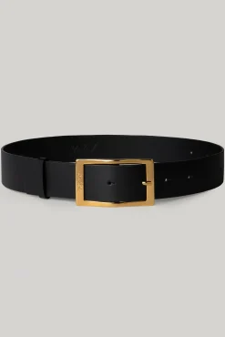 Ripple Matte Black Leather Waist Belt With Gold Buckle