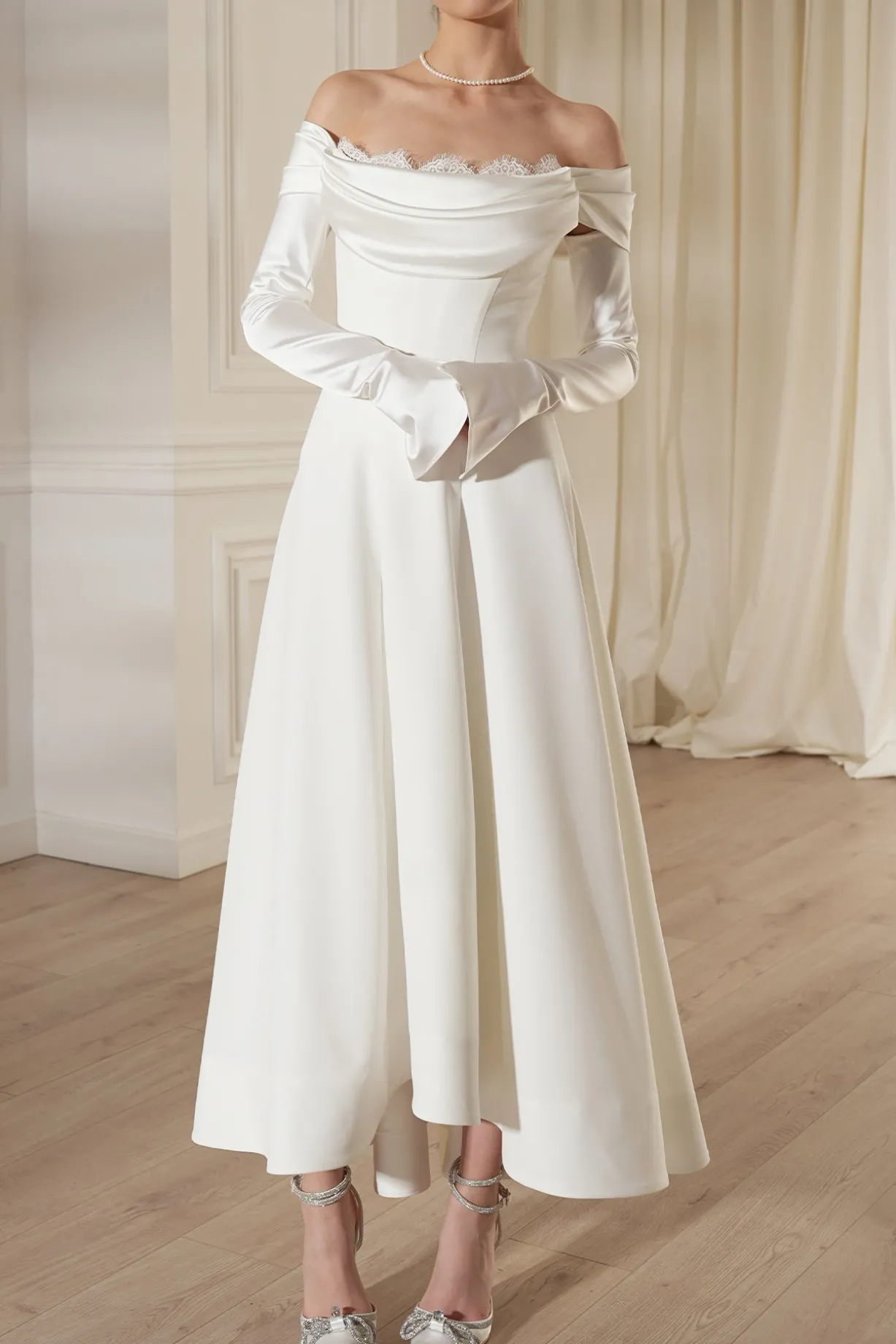 Salma Midi Lace And Crepe Dress In Off-White