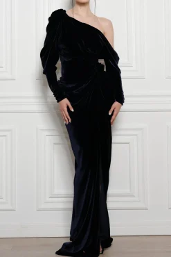 Zeina Long Velvet Gown in Midnight Blue